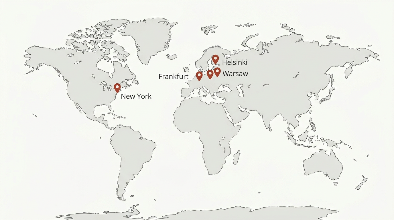 Stylized map with NODR datacenter locations in Europe and North America
