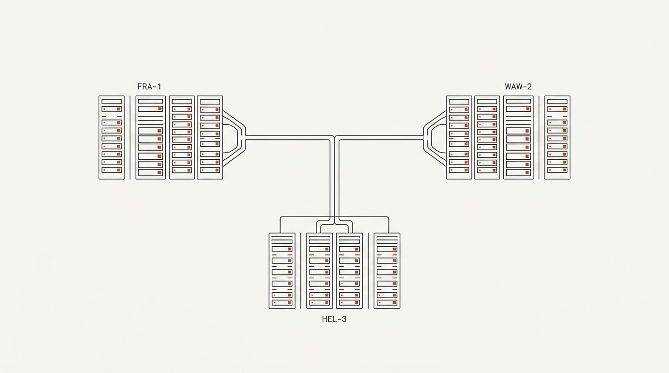 Diagram showing interconnected datacenter nodes and core routing